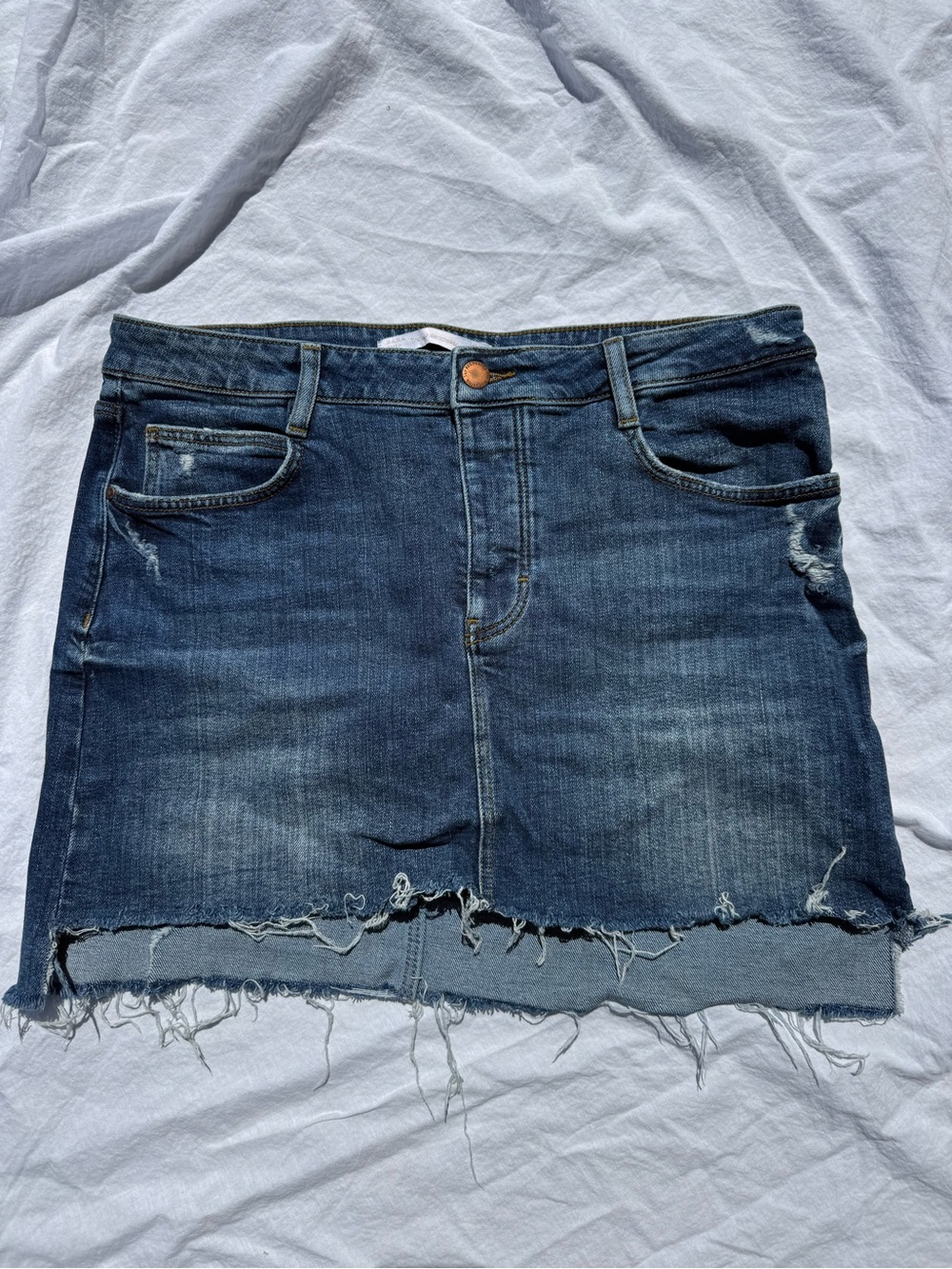 Zara TRF Asymmetric Distressed Denim Mini Skirt Blue L vintage